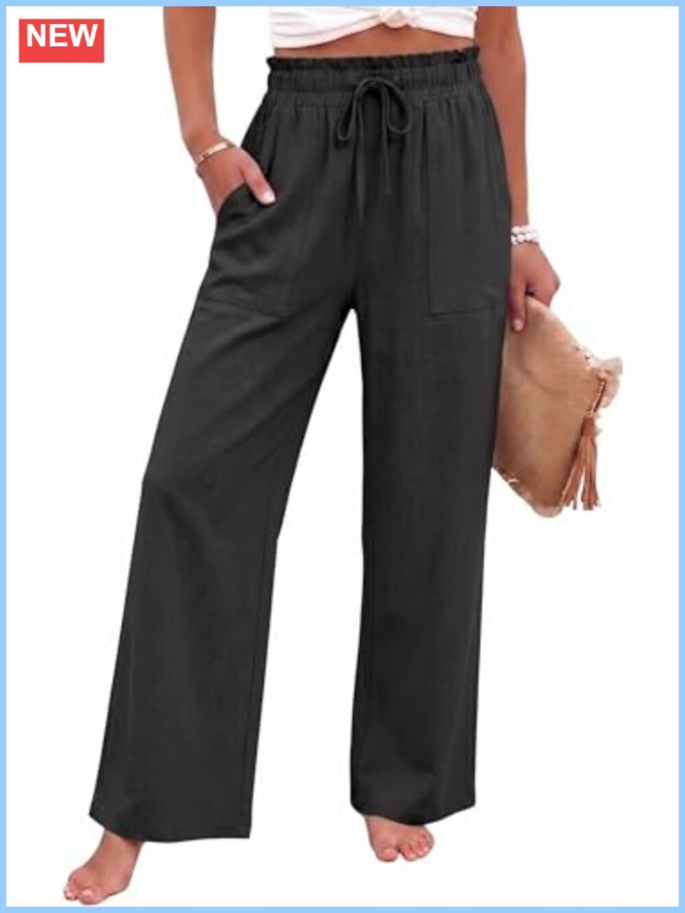 Linen Blend Wide Leg High Waisted Palazzo Pants with Pockets Drawstring